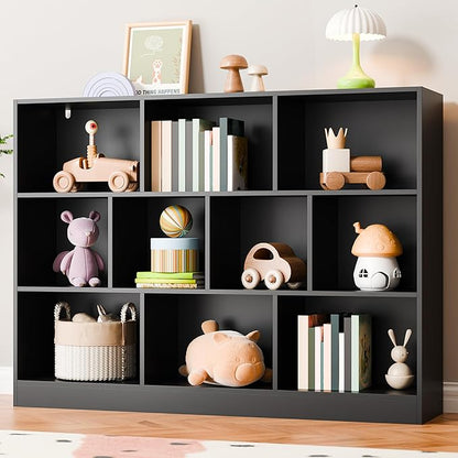 Cozy Castle Black Bookshelf, 3-Tier Open Shelf Bookcase, 10 Cube Storage Organizer with Anti-Tilt Device for Bedroom, Living Room, 55.11" W x 11.61“D x 40.94“H