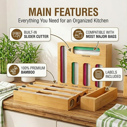 9 in 1 Storage Bag Organizer for Kitchen Drawer,Bamboo Foil and Plastic Wrap Dispenser with Cutter, Organizers Compatible Gallon, Quart, Sandwich Snack