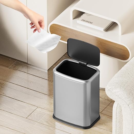 2.1 Gallon Bathroom Trash Can with Lid Press Top, 8 Liter Stainless Steel Garbage Can with Press Type Lid, Slim Trash Bin Waste Basket for Toilet, Office, Bedroom, Living Room (Silver)