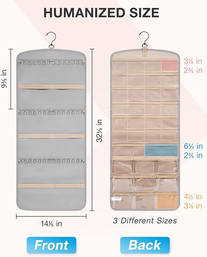 BAGSMART Hanging Jewelry Organizer, Necklace Holder Anti-tangle Earrings Rings Hanger with 20 Jewelry Bags Travel Storage Roll with Pockets Hang on Closet, Wall, Door,1 Piece, Large Grey