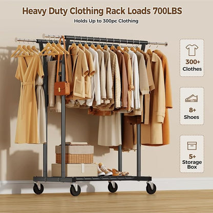 HYSEYY Heavy Duty Clothes Rack, Rolling Clothing Rack for Hanging Clothes with Shelves Load 700LBS,Portable Garment Wardrobe Closet Rack with Wheels for Bedroom,Laundry Room,Retail Store,Black