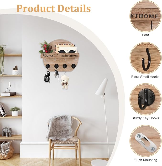 Key Holder for Wall, Key and Mail Holder Organizer - Key Holder Wall Mount with Bouquet Shelf and Key Hooks, Round Wooden Rustic Key Rack for Entryway and Home Decor (Wood)