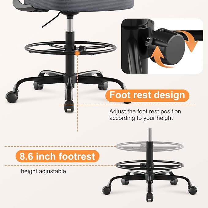 Tall Drafting Chair Ergonomic Home Office Desks Chairs Standing Desk Chair with Flip-up Armrests Adjustable Height Breathable Mesh Office Chair with Lumbar Support and Adjustable Footrest Ring Grey