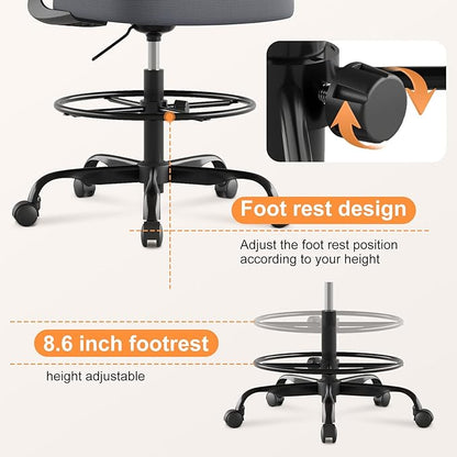 Tall Drafting Chair Ergonomic Home Office Desks Chairs Standing Desk Chair with Flip-up Armrests Adjustable Height Breathable Mesh Office Chair with Lumbar Support and Adjustable Footrest Ring Grey