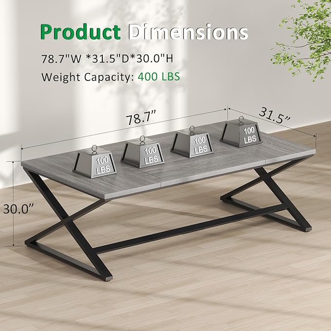 IBF Extra Large Desk, 78.7” Long Home Office Computer Desk, Simple Wide Work Desks for Writing Study in Bedroom, Industrial Wood Metal Game Desks Executive Workstation Conference Table, Light Grey Oak