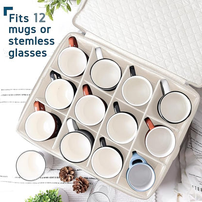 Coffee Mug Storage, 2 Pack Quilted and Stackable Coffee Cup Storage Organizer for Service of 24, Mug Storage Box with Dividers, China Containers Hard Shell for Moving and Organization, Cream