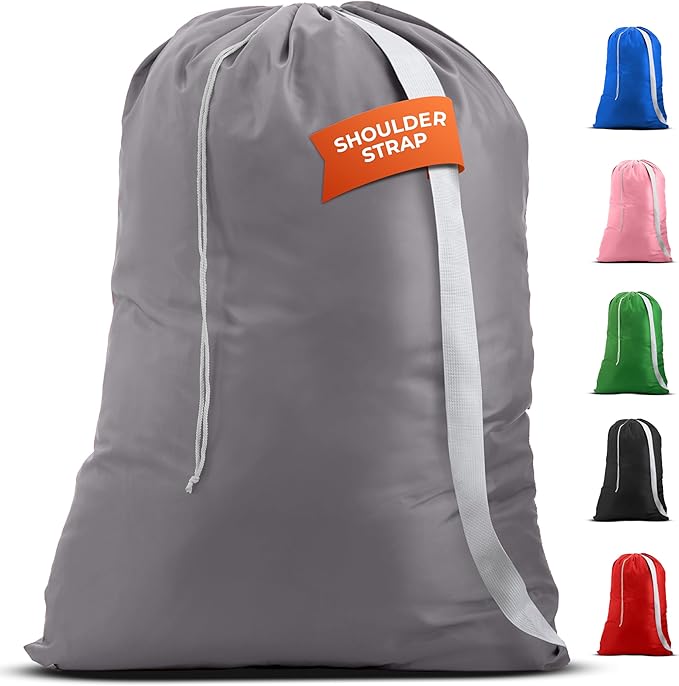 Handy Laundry Bag Shoulder Strap Extra Large - Drawstring Locking Closure, Durable Material, Heavy Duty Stitching, Hands Free Carrying - Perfect College Dorm (Grey, 30" x 40")