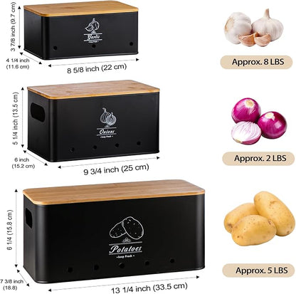 Potato Onion and Garlic Storage Bin Set of 3, Black Metal Kitchen Vegetable Canisters with Bamboo Lid and Aerating Holes, Stackable Kitchen Storage Tin for Countertop Pantry