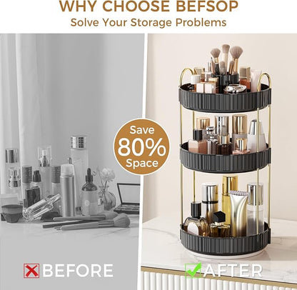 360° Rotating Makeup Organizer, Upgraded 3 Tier Skincare Perfume Organizers for Women, Bathroom Organizer Countertop, Clear Cosmetic Dresser Organizer with Makeup Brush Holder, Sink&Counter(Black)