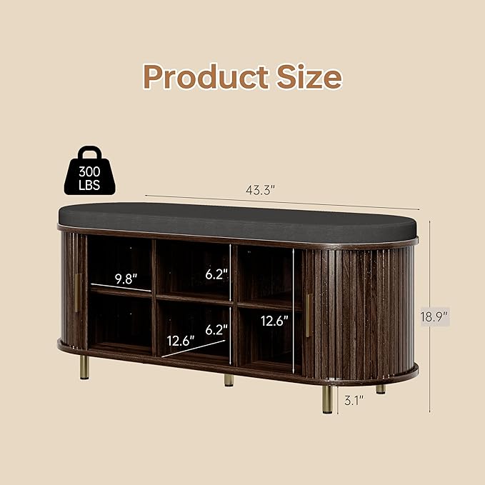 DHH 2-Tier Storage Bench, 43.3" Wide Shoe Bench with Thickened Padded Seat Cushion, Mid Century Modern Fluted Sliding Door and Adjustable Shelf, for Entryway, Living Room, Bedroom(Dark Walnut)