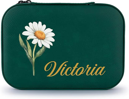 Custom Leather Jewelry Box with Name & Birth Flower Month, Birthday Gifts for Women, Personalized Jewelry Travel Case - Customized Jewelry Organizer Box, Mom Birthday Gifts, Emerald