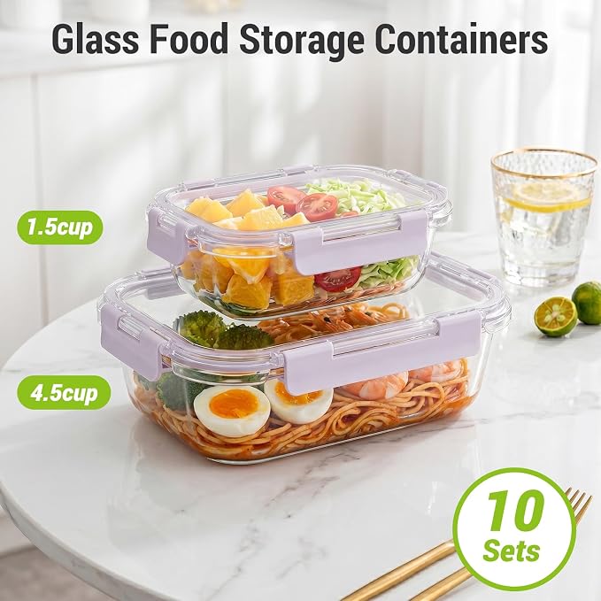 Dealusy 10 Sets (20-Piece) 4.5 Cup & 1.5 Cup Glass Food Storage Containers with lids, Airtight Leak-proof Glass Meal Prep Containers with Lids, Microwave Oven Freezer Dishwasher Safe, Purple