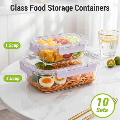 Dealusy 10 Sets (20-Piece) 4.5 Cup & 1.5 Cup Glass Food Storage Containers with lids, Airtight Leak-proof Glass Meal Prep Containers with Lids, Microwave Oven Freezer Dishwasher Safe, Purple