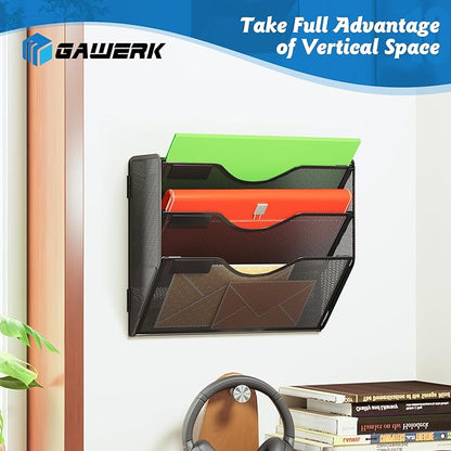 3 Tier Hanging Wall File Organizer, Mesh Mail Paper Orgnization Hanging File Folder Holder for Home Office, Black