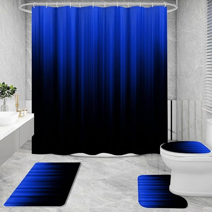 4 Pcs Royal Blue and Black Gradient Shower Curtain Set with Rugs and Toilet Lid Cover, Modern Simple Waterproof Fabric Bathroom Set, Ombre Stripe Gothic Abstract Bathroom Decor Set Accessories