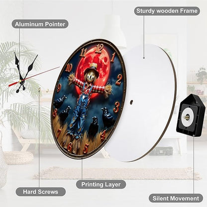 Wall Clock, Spooky Scarecrow Non Ticking Wall Clocks Battery Operated, Brown Wooden Wall Clocks for Living Room, Kitchen, Study Room Decorative 10 Inch