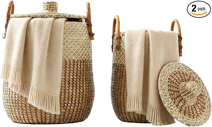 Laundry Baskets Hamper with Handles and Lid,2-Pack Handwoven Natural Seagrass Storage Hamper with Removable Laundry Bag, Toy Clothes Hamper for Home Bedroom, Bathroom, Laundry Room