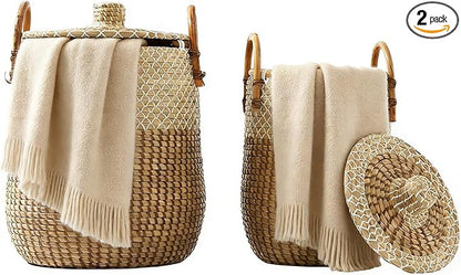 Laundry Baskets Hamper with Handles and Lid,2-Pack Handwoven Natural Seagrass Storage Hamper with Removable Laundry Bag, Toy Clothes Hamper for Home Bedroom, Bathroom, Laundry Room