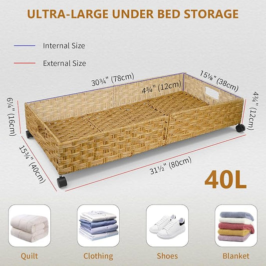Under Bed Storage Containers with Wheels, 31.5” Large Handwoven Rattan Rolling UnderBed Storage Bins, Tool-free Assembly Natural Under The Bed Organizer Drawers for Bedroom, Sheets Clothes Blankets