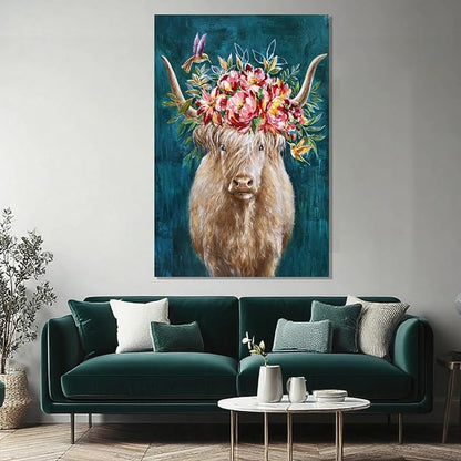 ZENPEE Abstract Modern Animal Wall Decor, Blue Highland Cow Wall Art, Rustic Farmhouse Canvas Decoration for Living Room or Bedroom, 32" x 48"