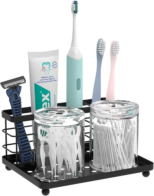 Luxspire Toothbrush Holders for Bathroom, Toothbrush Holder with Tray, Stainless Steel Holder for Toothbrush Toothpaste, Tooth Brushing Holder for Bathroom Countertop, 3-Slot, Black