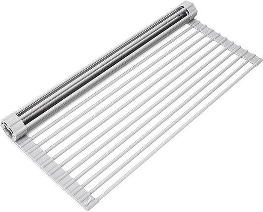 Surpahs 20.5 x 15.5 Inch Roll-Up Dish Drying Rack, Fits Across Sink Openings up to 19.5 Inches, Heavy-Duty Premium Silicone, Strong Support, Non-Slip, Heat-Resistant, Warm Gray