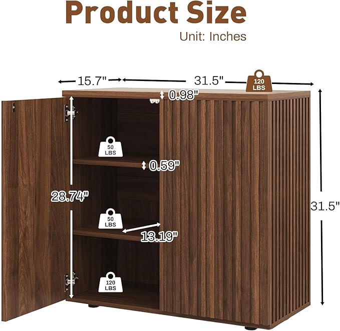 Rophefx Fluted Sideboard Cabinet, 63" Buffet Cabinet with Storage, Credenza Storage Cabinets with Adjustable Shelf, Wood Entryway Cabinets with Pop-up Doors for Living Room, Entryway, Hallway, Walnut