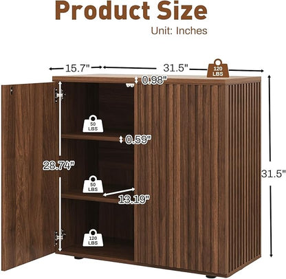 Rophefx Fluted Sideboard Cabinet, 63" Buffet Cabinet with Storage, Credenza Storage Cabinets with Adjustable Shelf, Wood Entryway Cabinets with Pop-up Doors for Living Room, Entryway, Hallway, Walnut