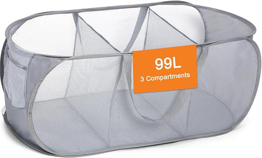Durable Collapsible Foldable Pop Up Laundry Hamper, Sturdy 3 Compartments, Handy Pocket & Easy to Sort Clothes Hampers for Dorm, Kids Room, Travel - Grey
