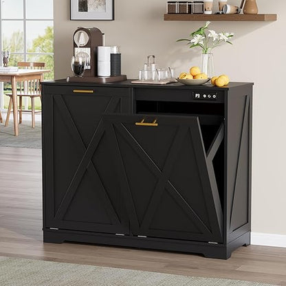 Double Tilt Out Trash Can Cabinet, Wooden Farmhouse Kitchen Garbage Bin Enclosure with Negative Ion Odor Control, Hidden Dog Proof Trash or Laundry Basket Storage for Laundry Room, Black