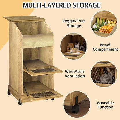 Potato and Onion Storage Bin with Wheels, 3 Tier Wooden Potato Storage Cabinets with Mesh Doors, Farmhouse Movable Fruit and Vegetable Box, Wood Bread Box for Kitchen (Brown)