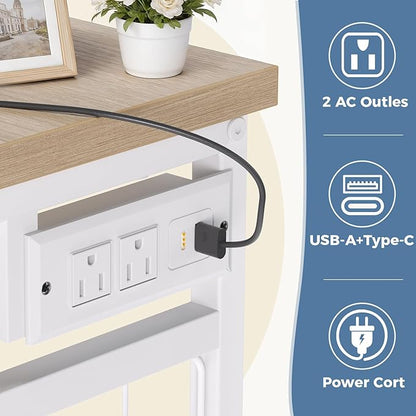 OLIXIS 6 Storage for Bedroom with Hanging Rack with LED Lights & Charging Station, Fabric Chest of Storage with Rack, Wooden Top, for Home Living Room Entryway Light Grey