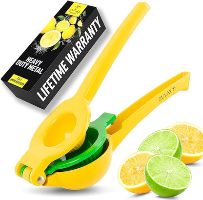 Zulay Metal 2-In-1 Lemon Squeezer Manual - Sturdy, Max Extraction Hand Juicer Lemon Squeezer Gets Every Last Drop - Easy to Clean & Use Citrus Juicer-Yellow/Green