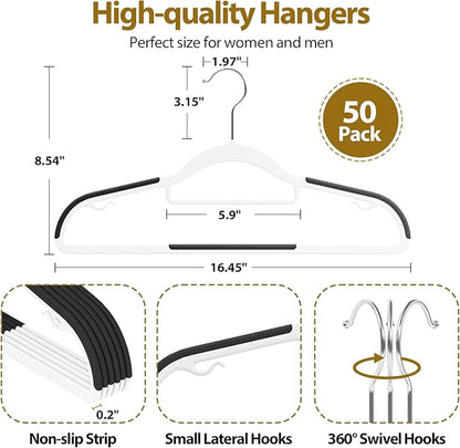 Plastic Hangers 50 Pack, 16.5 in Heavy Duty Clothes Hangers with 360° Swivel Hook, Non-Slip Bar & 0.2" Ultra-Slim Space-Saving Organizers for Coats, Pants, Suits, Shirts, White & Black