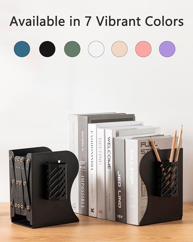 Kingsmile Book Ends, Adjustable Heavy Duty Metal Book Stoppers with Pen Holder for Desk Office Library Kids Room(Black)