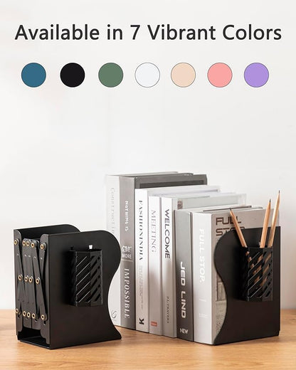 Kingsmile Book Ends, Adjustable Heavy Duty Metal Book Stoppers with Pen Holder for Desk Office Library Kids Room(Black)