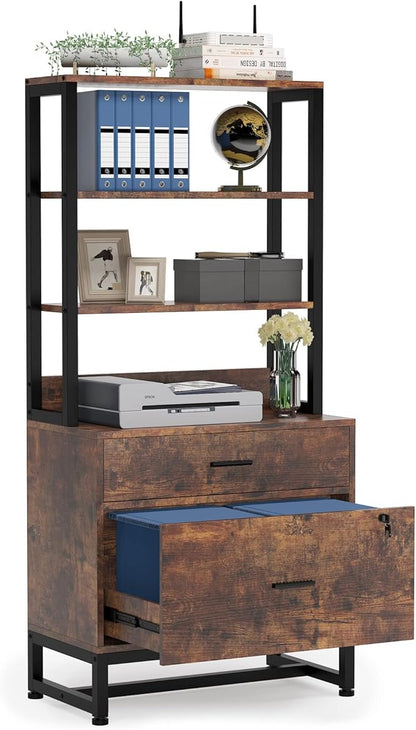 Tribesigns 2 Drawer Vertical File Cabinet with Lock & Bookshelf, Letter Size Large Modern Filing Cabinet Printer Stand with Open Storage Shelves for Home Office, Dark Brown