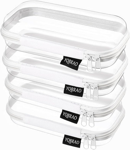 YQBRAO 4-Pack Clear Hard Shell Zipper Case, 1.2mm Ultra-Thick Diaper Bag Organizer Pouches, Rigid Self-Standing Travel Makeup Bags with YKK Zippers, TSA Approved, White