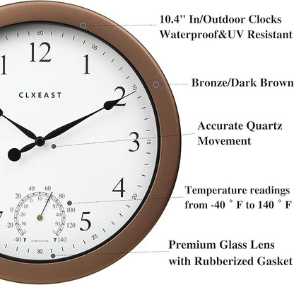 CLXEAST 10.4 Inch Indoor Outdoor Clocks Waterproof,Outdoor Clock with Temperature for Bathroom,Kitchen, Patio,Pool,Bronze/Dark Brown Finish,House Warming Gifts New Home