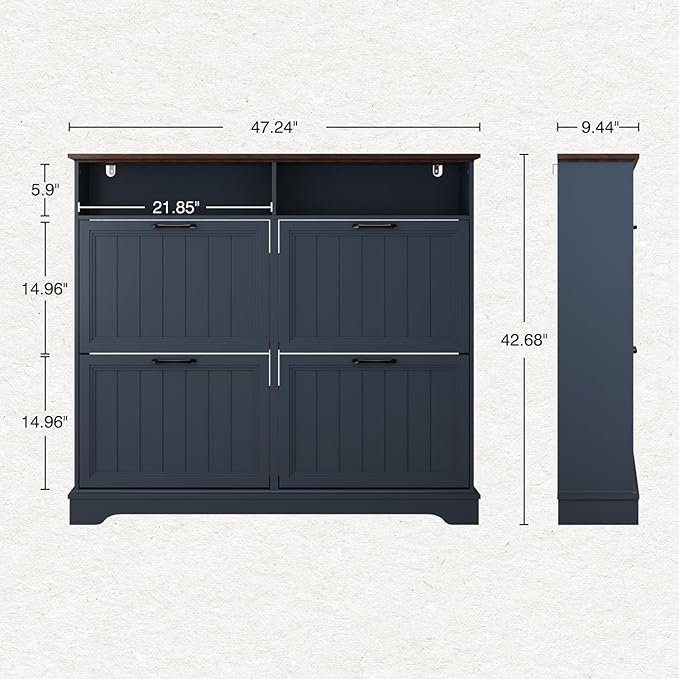 Shoe Storage Cabinet with 4 Flip Drawers, Farmhouse Modern Hidden Shoes Rack Cabinet with Adjustable Shelves & Open Storage, Narrow Slim Shoe Organizer for Front Door Entrance, Entryway, Navy Blue