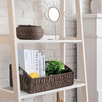 Ollieroo Rattan Storage Baskets, Handwoven Wicker Storage Bins with Built-in Handles, Storage Container Baskets for Shelves, Bedroom, Bathroom, Laundry Room or Kitchen(Black)