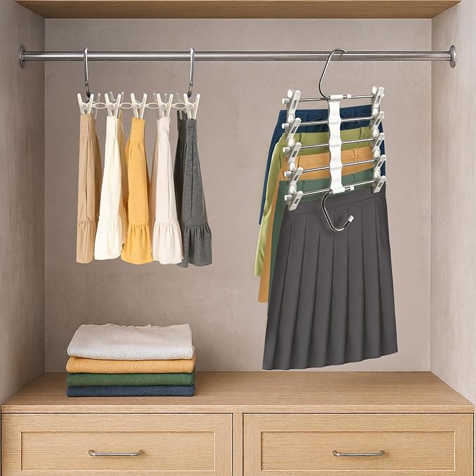 Skirt Hangers Pants Hangers Space Saving with Clips - 2 Pack - Space Saving Metal Closet Organizer for Shorts, Skirts, and Pants - Closet Organizer and Storage for Pants Jeans Skirts Legging