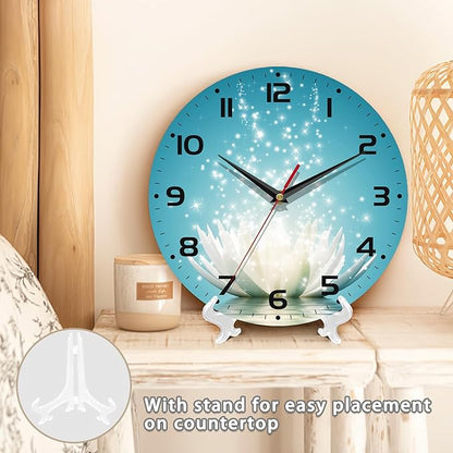 Magic Lotus Flower Vintage Wooden Silent Non-Ticking Battery Operated Arabic Numerals Wall Clock - Decorative for Kitchen, Office, Classroom - 10 Inch