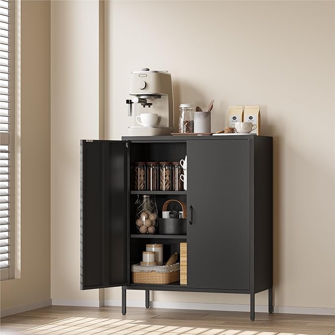 COFaR Black Metal Storage Cabinet, 40” Industrial Kitchen Organizer & Buffet Sideboard, 3-Tier Steel Cabinet with Adjustable Shelves, Magnetic Doors for Coffee Bar, Office, Dining Room