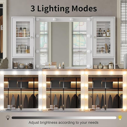 Vanity with Mirror and 10 LED Lights,Vanity Desk with Power Outlet, Makeup Vanity with 12 Drawers and 2 Cabinets, Fold-up Panel, Glass Top Vanity Table with Chair for Bedroom, White