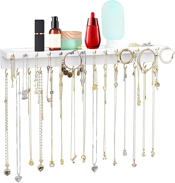 YYILIS Necklace Holder, Upgraded Extra Large Wall Necklace Organizer with 30 Hooks Wall Mounted Necklace Hanger with Jewelry Tray/Cosmetics Shelf Rustic Pine Wood Holder (White)