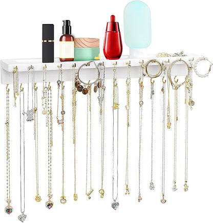 YYILIS Necklace Holder, Upgraded Extra Large Wall Necklace Organizer with 30 Hooks Wall Mounted Necklace Hanger with Jewelry Tray/Cosmetics Shelf Rustic Pine Wood Holder (White)