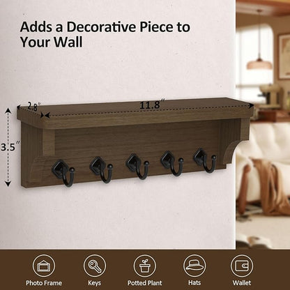 Nekon Key Holder for Wall, 11.8" W x 3.5" H x 2.8" D Decorative Key Organizer with Floating Shelf, Wall Mount Key Rack with 5 Hooks (Rustic Brown)