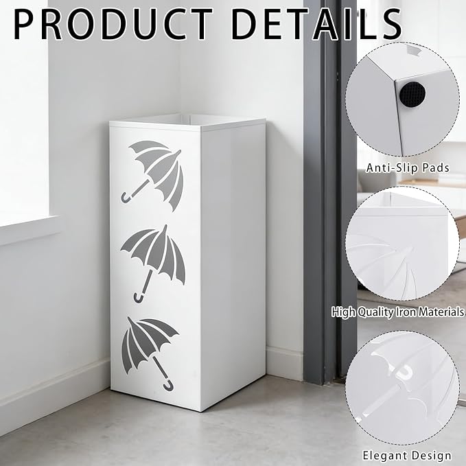 Metal Umbrella Holder, Square Freestanding Umbrella Stand Bucket Storage Indoor for Entryway, 6.3 x 6.3 x 16.3 Inch (White)