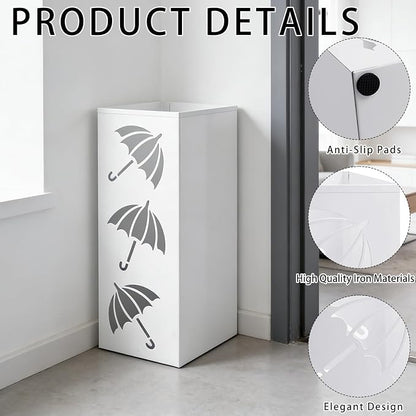 Metal Umbrella Holder, Square Freestanding Umbrella Stand Bucket Storage Indoor for Entryway, 6.3 x 6.3 x 16.3 Inch (White)